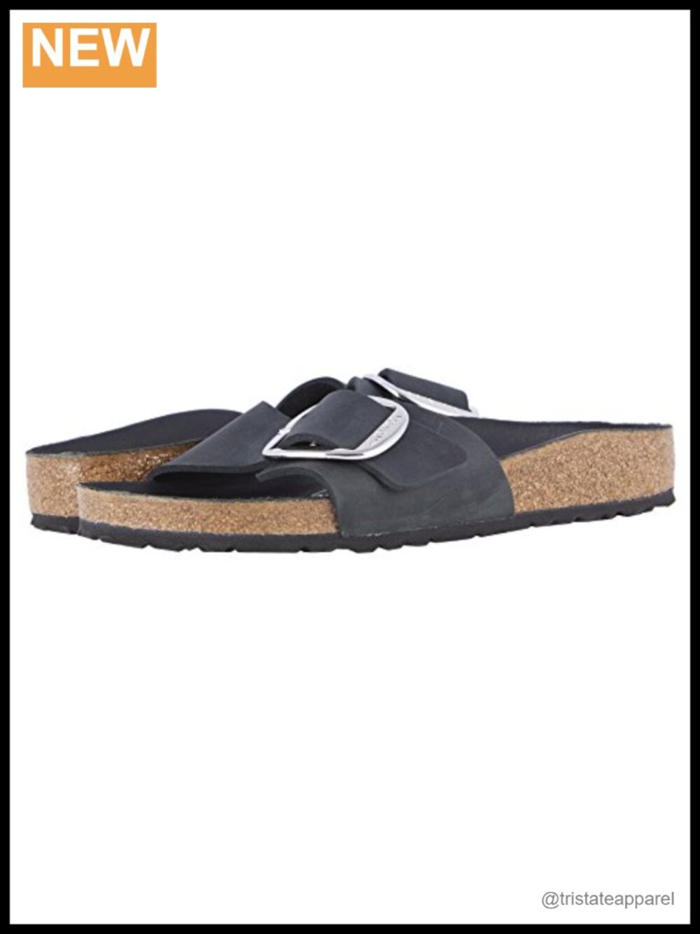 Oiled Leather Slide Sandals with Cork Footbed Adjustable Buckle